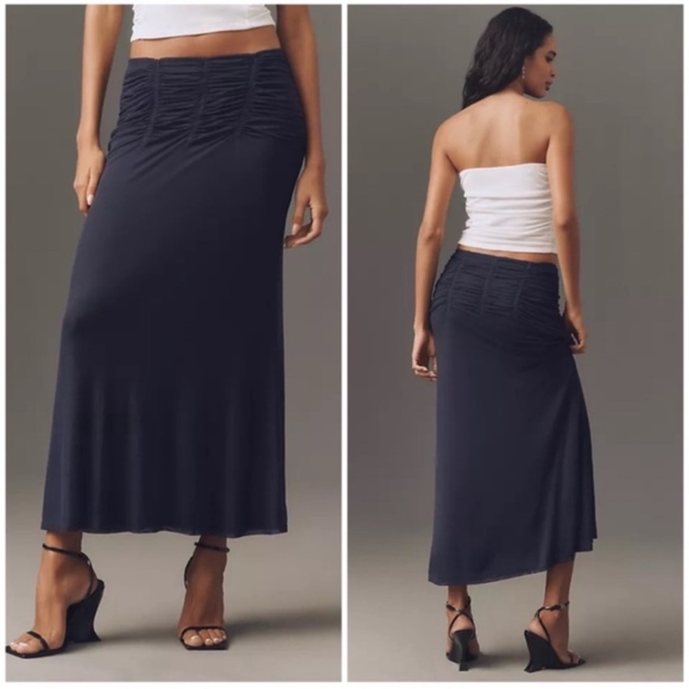 Anthropologie Maeve Navy Blue Ruched Maxi Skirt